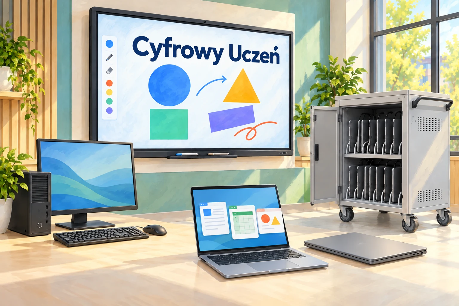 Ilustracja wyposażenia szkoły: monitor interaktywny, komputer stacjonarny, laptopy, oprogramowanie i wózek do ładowania laptopów