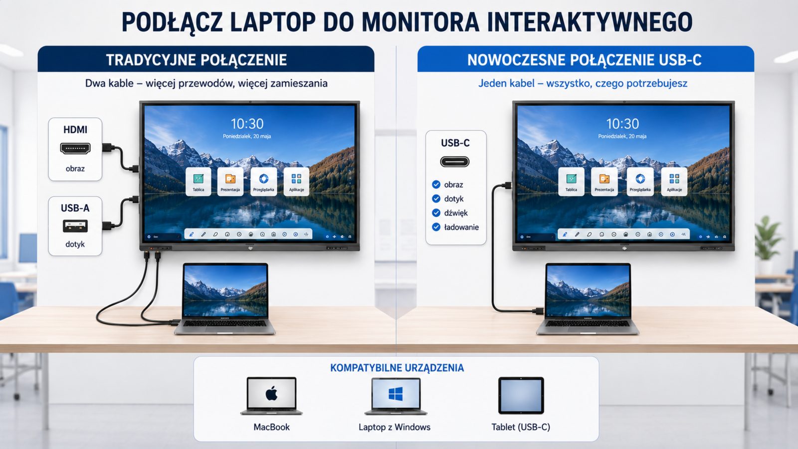 Jak podłączyć laptop do monitora interaktywnego przez HDMI USB oraz USB-C