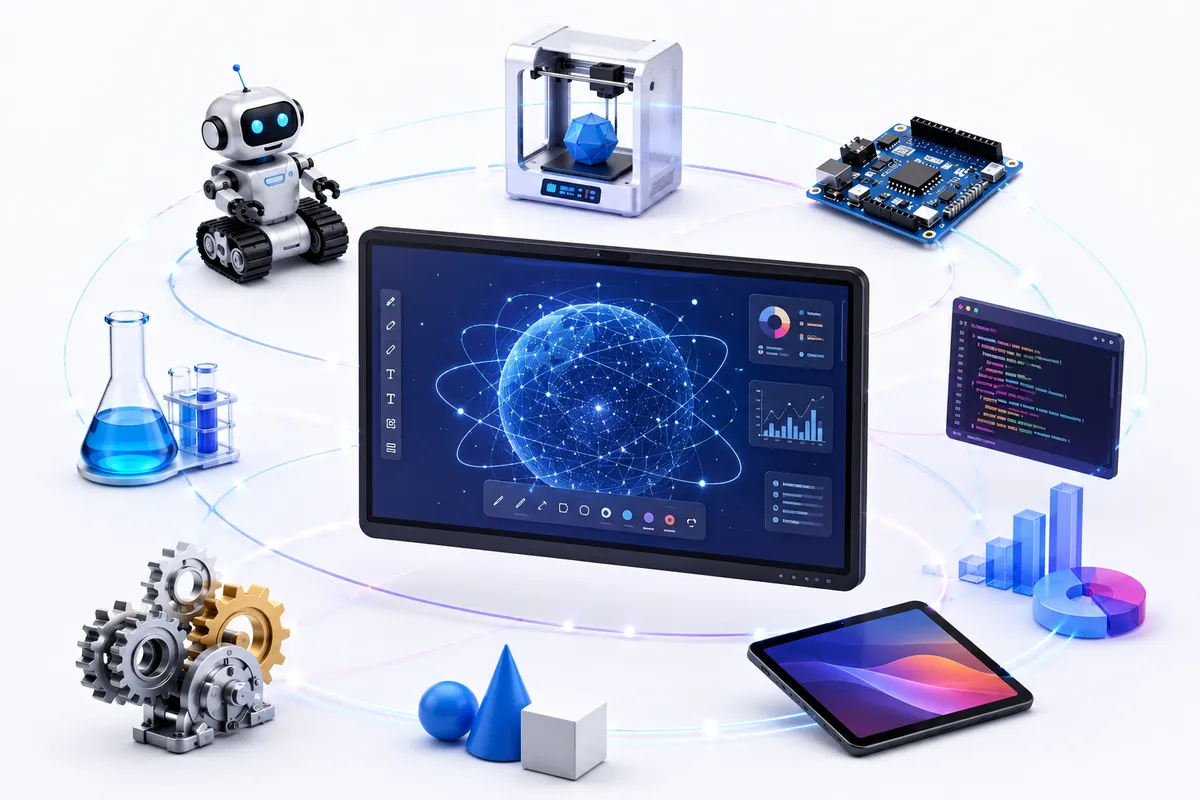 Monitor interaktywny w pracowni STEAM wspierający robotykę, programowanie, druk 3D oraz naukę przedmiotów ścisłych.