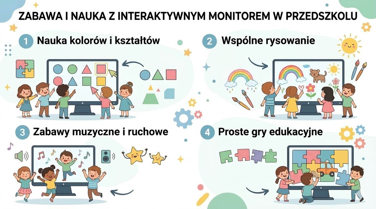 Ilustracje aktywności w przedszkolu: kolory i kształty, rysowanie, muzyka oraz układanki