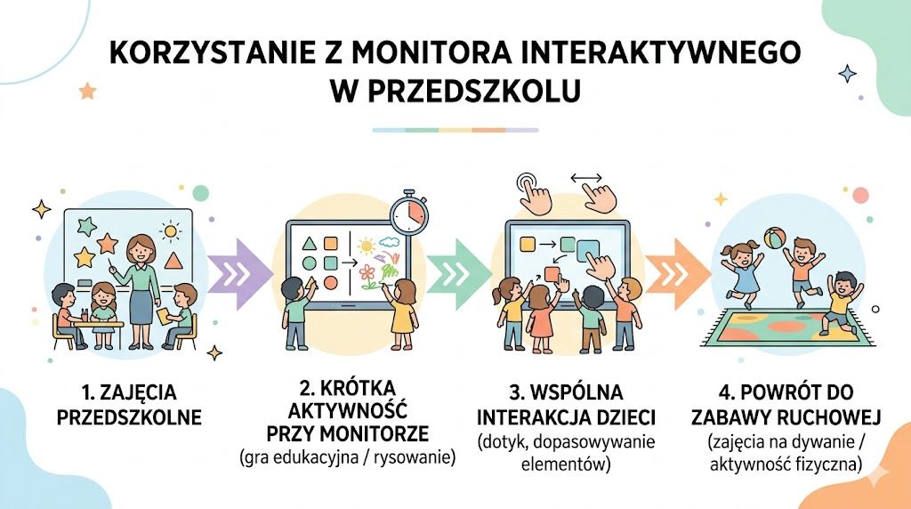 Ilustracja przebiegu zajęć przedszkolnych z wykorzystaniem ekranu i powrotem do aktywności ruchowej