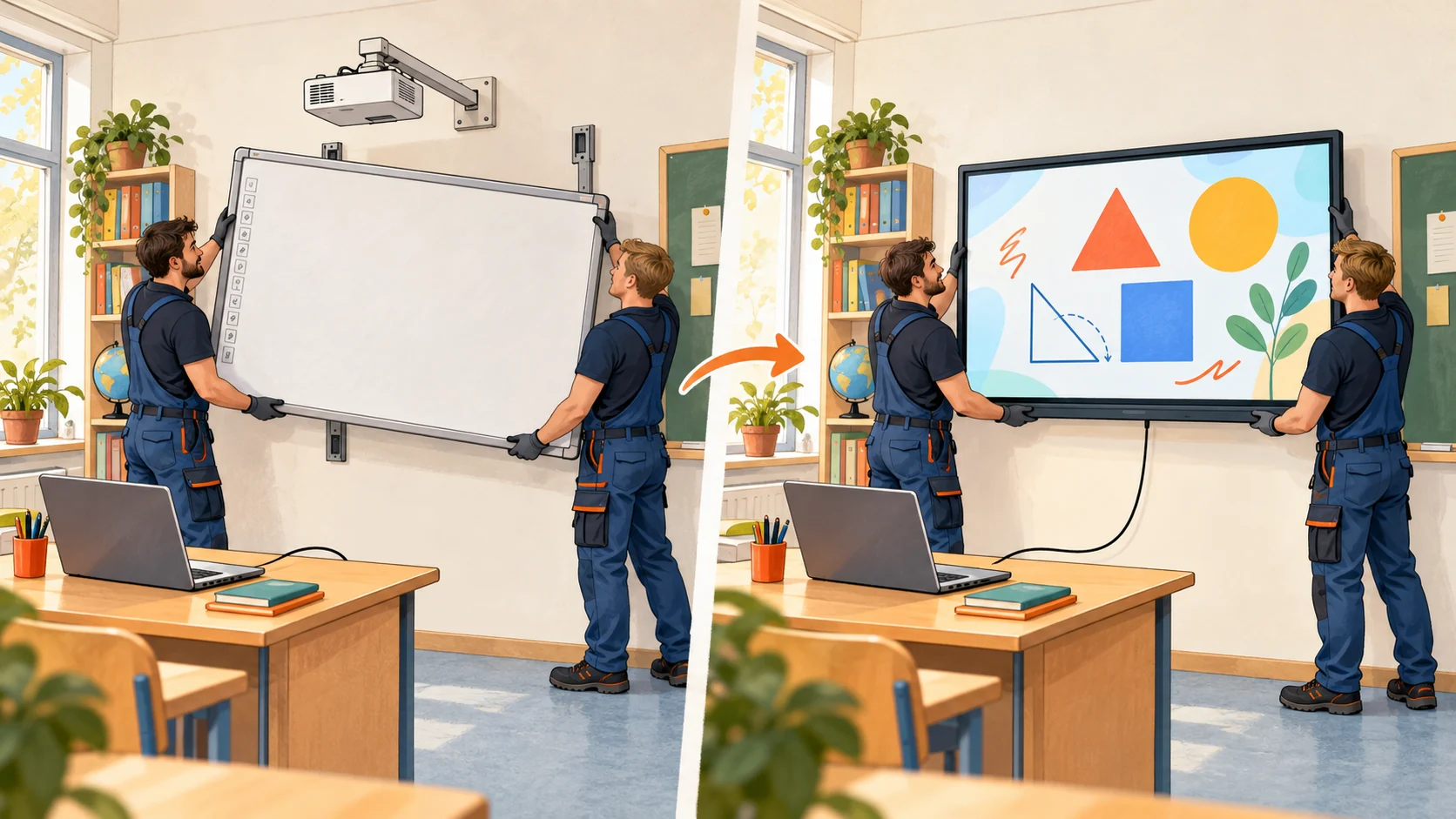 Ilustracja wymiany tablicy z projektorem na monitor interaktywny w sali lekcyjnej, z zachowaniem dotychczasowego komputera.