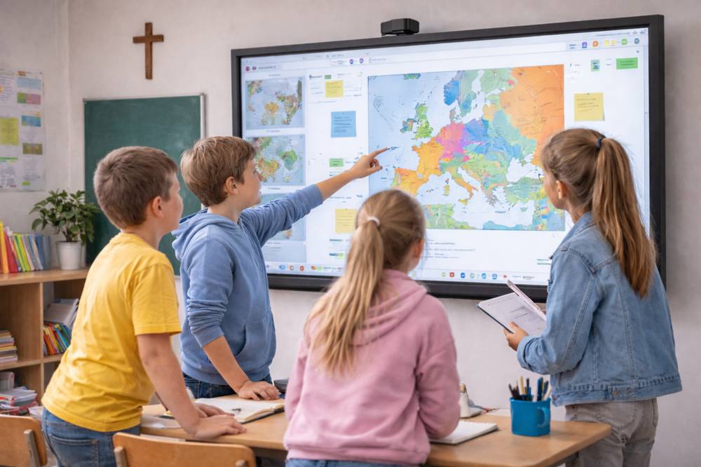 Uczniowie pracujący w grupach przy monitorze interaktywnym